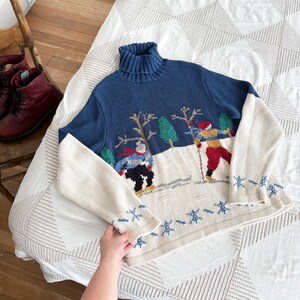M- vintage 90s fairisle knit skiers pullover picture sweater classic winter wear winter sports turtleneck sweater