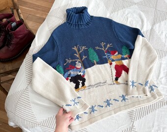 M- vintage 90s fairisle knit skiers pullover picture sweater classic winter wear winter sports turtleneck sweater