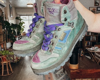 7.5/8- vintage green & purple colorblock HI-TEC hiking boots 90s Columbia colorblock made in Italy