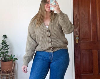 Suéter cárdigan de punto grueso color moca vintage de los años 90, cárdigan holgado de gran tamaño, prenda de punto esencial, talla L/XL