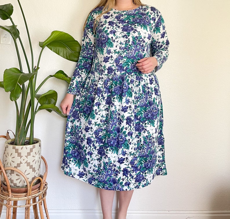 L vintage FADS 80s/90s green & purple floral all over print comfy dress longsleeve modest midi maxi dress image 1