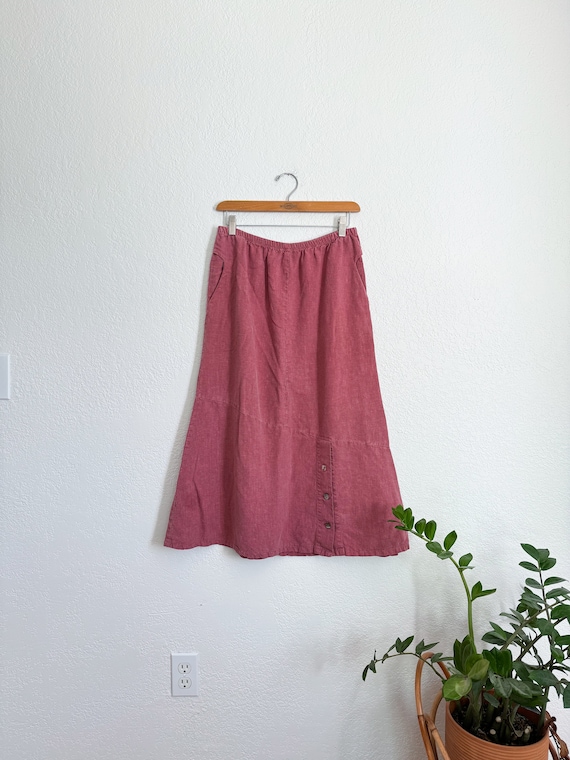M- vintage pink clay 100% linen midi skirt natural