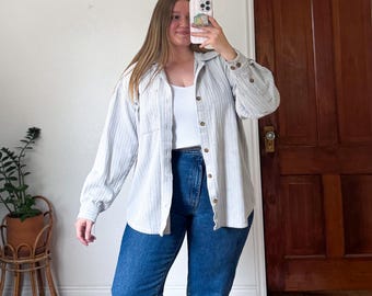 XL- vintage light grey neutral corduroy 90s button down shirt oversized unisex shacket