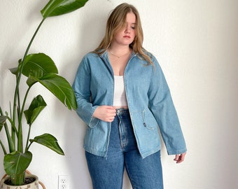 L/XL- vintage denim capuche zip up Chic 100% veste en coton veste essentielle de vêtements d’extérieur classiques des années 90