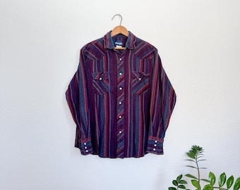L- vintage Wrangler striped pearl snap western wear button down shirt rodeo ranching classic shirt