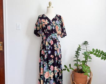 L- vintage floral wrap around tie 80s together brand dress classic heavyweight quality staple dress