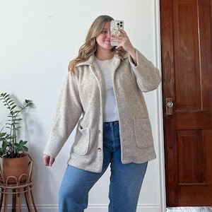 XL/2X- vintage oversized neutral speckled Sherpa fleece longline jacket cozy winter wear classic coat