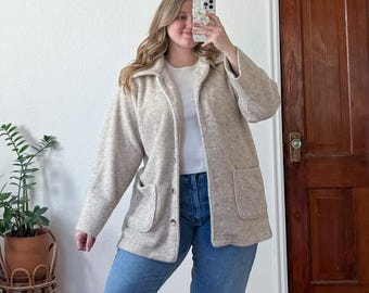 XL/2X- vintage oversized neutral speckled Sherpa fleece longline jacket cozy winter wear classic coat