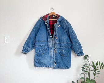 2X- vintage denim flannel lined insulated chore coat oversized barn jacket buffalo plaid 90s unisex warm winter coat