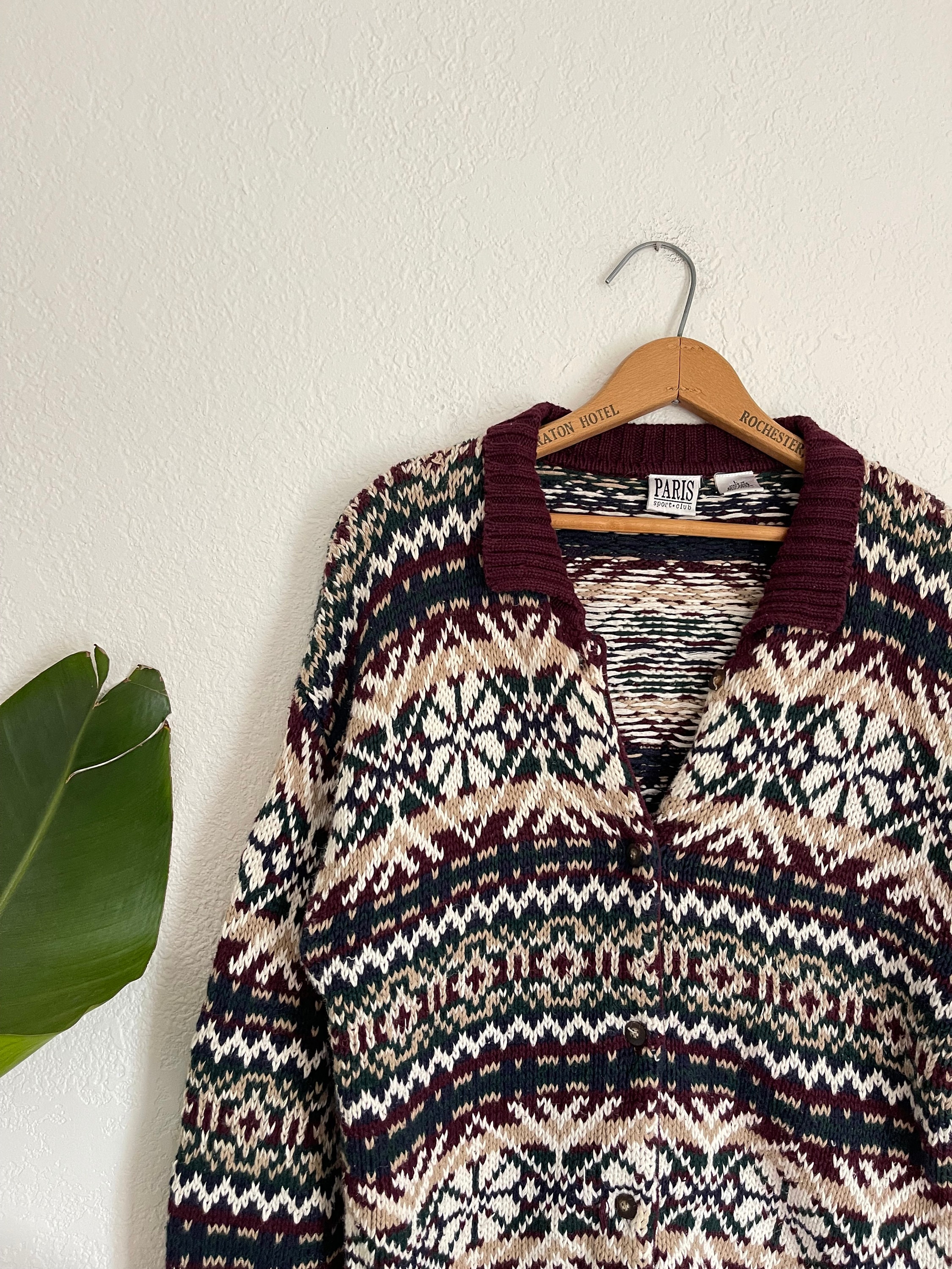 L- Vintage Paris Sports Club Patterned 90s Winter Ski Cardigan 
