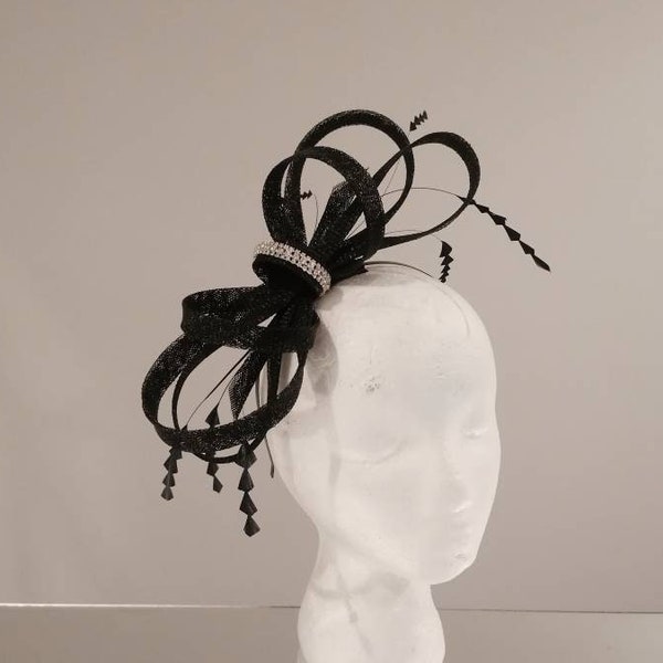 Small Black fascinator, with diamontie sparkle and black feathers. small fascinator headband ideal for weddings. Handmade in any colour.