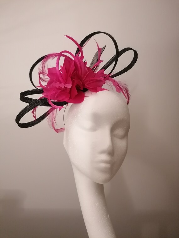 Black Looped Fascinator: Fuchsia Feather Headband, Race Day  display picture 2