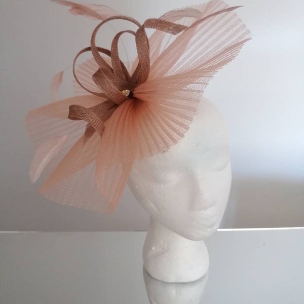 Dusky pink fascinator. Rose gold pleated crinoline fascinator headband, with feathers and swarvoski. Medium wedding fascinator in blush pink