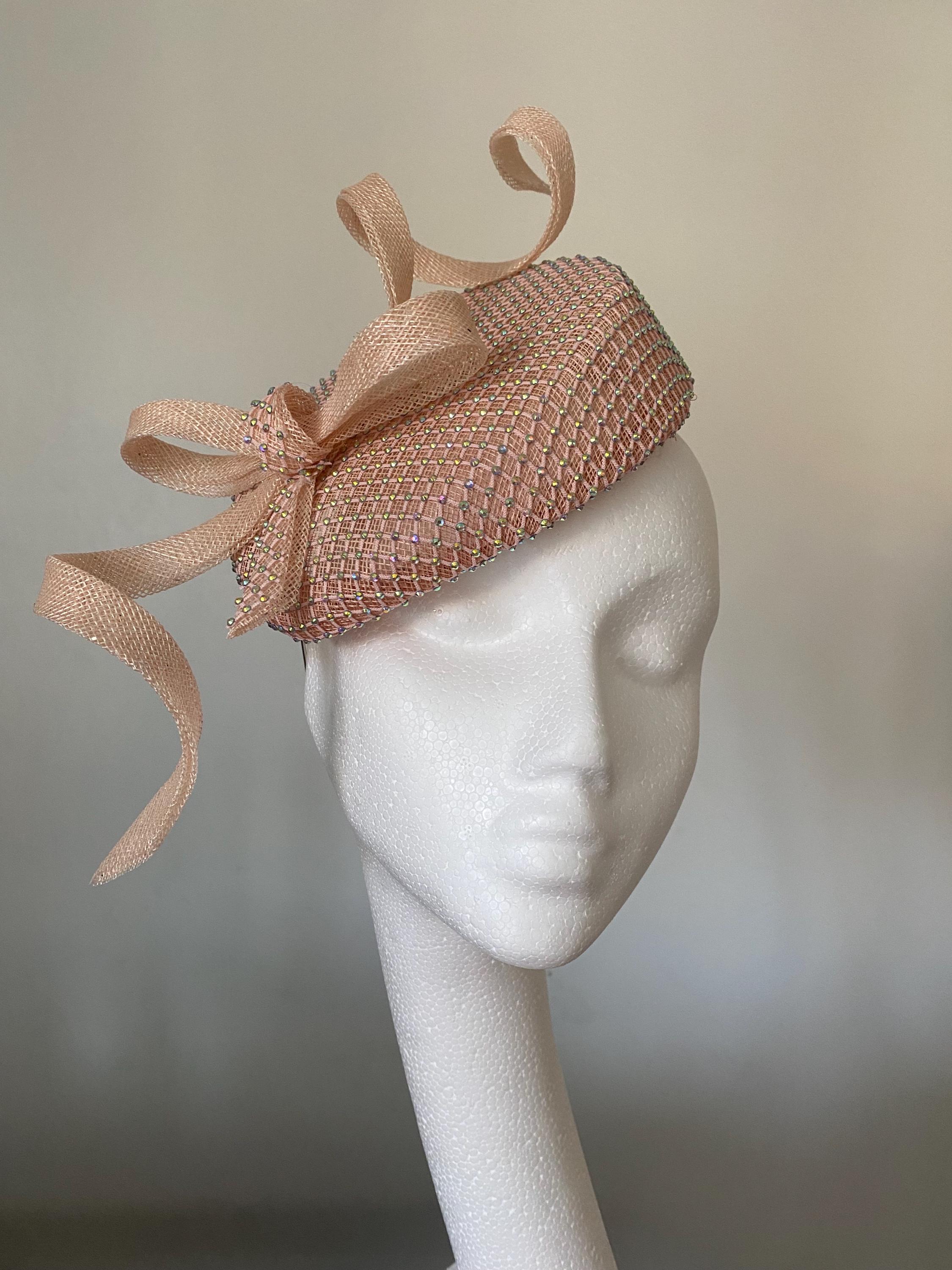 Rose Nude Pink Pillbox Fascinator, Rhinestone Mesh, Occasion 