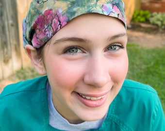 GR8Caps Scrub Cap Euro Close-Fit Women's Surgical Hat OR CRNA CST Surgery Nurse Rose/Green Batik Print Best Seller Ready-Made