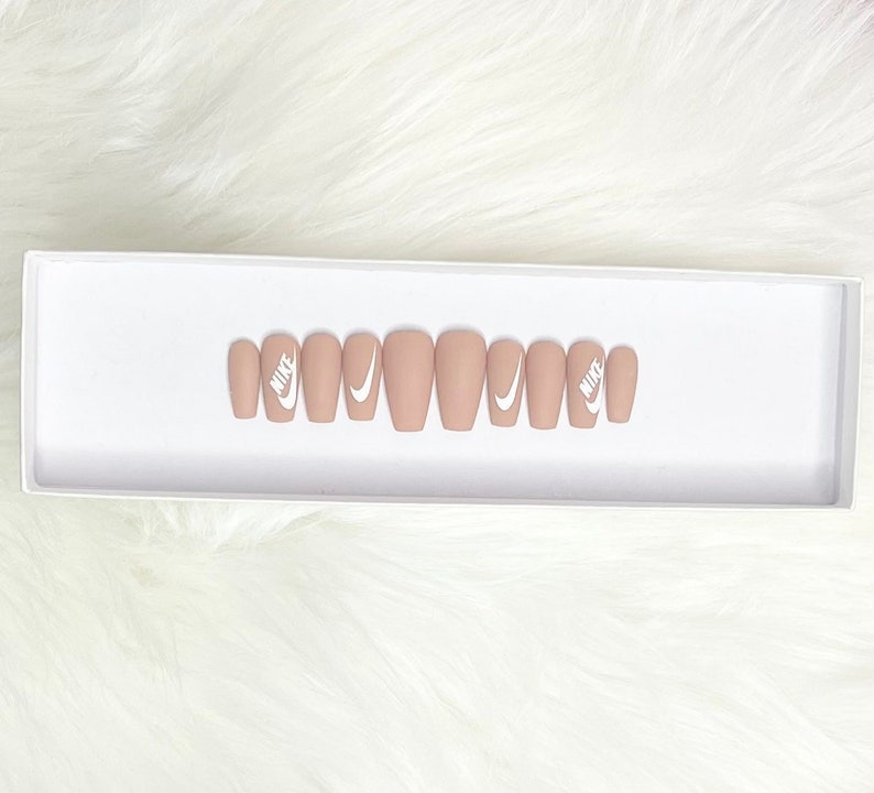 Nude Beige White Nike Inspired Press On Nail Kit | Matte Reusable Coffin Nail Decal Set | Gift Ideas For Her | Fake Nails 