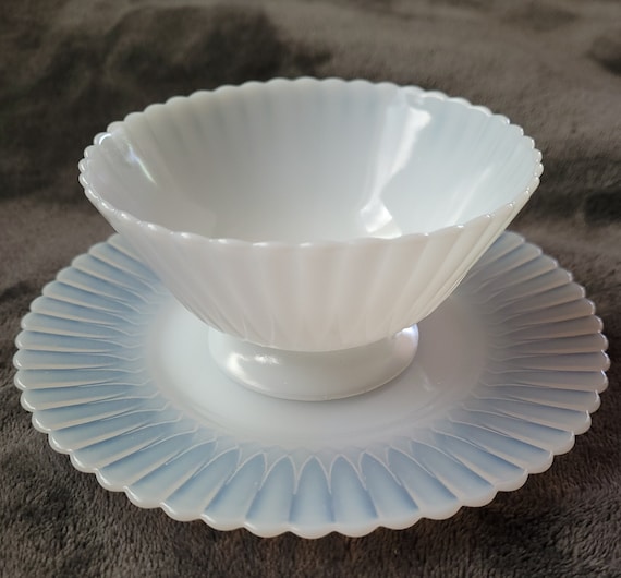 MacBeth Evans Monax Petalware Opalescent Milk Glass 4.25" Footed Sherbet Bowl with 6.25" Bread & Butter Plate