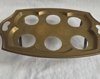 Brass Tray for 6 Glasses, Art Deco Engraved, 1.5 inch holes, 10.5" x  6.5 " x 2 7/8", Holds Federal Raindrop Juice Glasses ( not included)