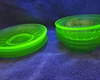 Uranium Berry Bowls and Saucers, Colonial Fluted (Roped), Federal Glass Co, Set of 4