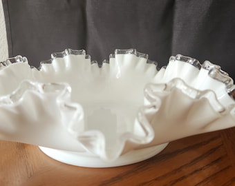 Fenton Silver Crest Milk Glass, 12 inch Bowl, White Glass, Crimped Rim