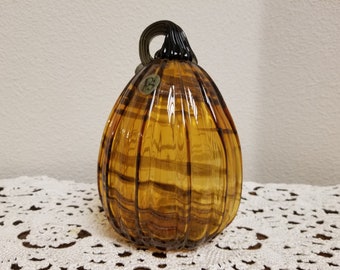 Amber Glass Handblown Tall Pumpkin with Gold Glitter Leaves