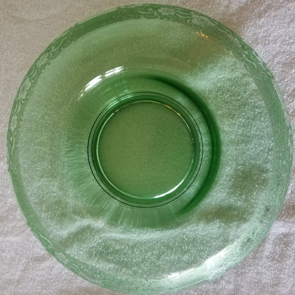 Fostoria 11" Console Etched Vesper Rolled Edge Green Glass Bowl