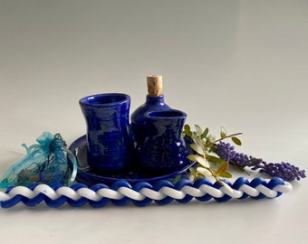 Handmade, ceramic Havdalah set, Navy blue crystal glaze, Kiddush cup, tray, candle holder, candle, spice container, bessamim spices.