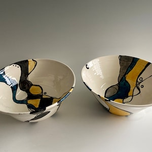 Unique, hand painted, wheel thrown, ceramic serving bowls, set of two.