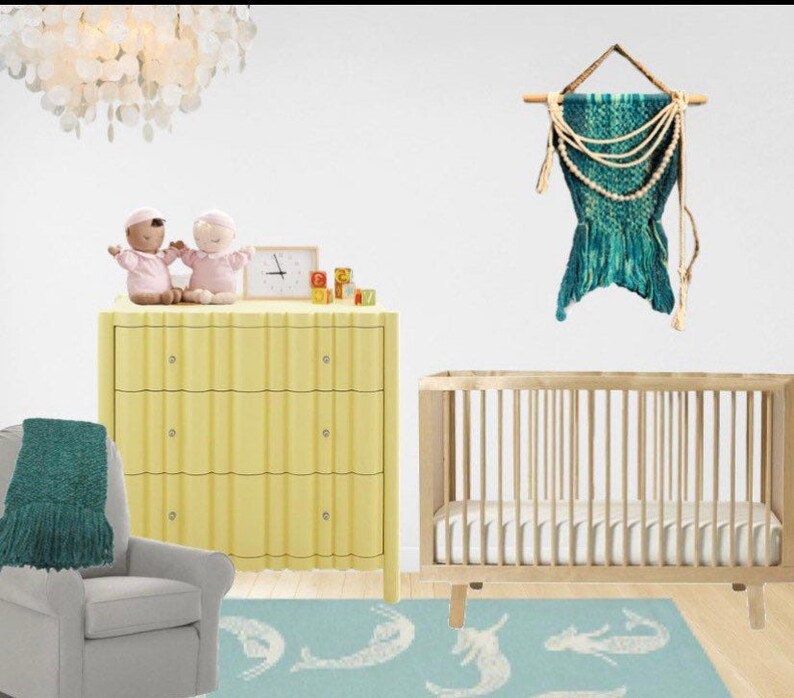 glitter and twine embellishments hanging from a wood dowel rod Handmade macrame mermaids tail wall hanging wfaux pearls