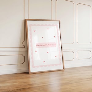 May include: A framed pink and white poster with a scalloped border and the text "How's the weather, birdie?" in pink script. There are small red bird illustrations scattered across the poster.