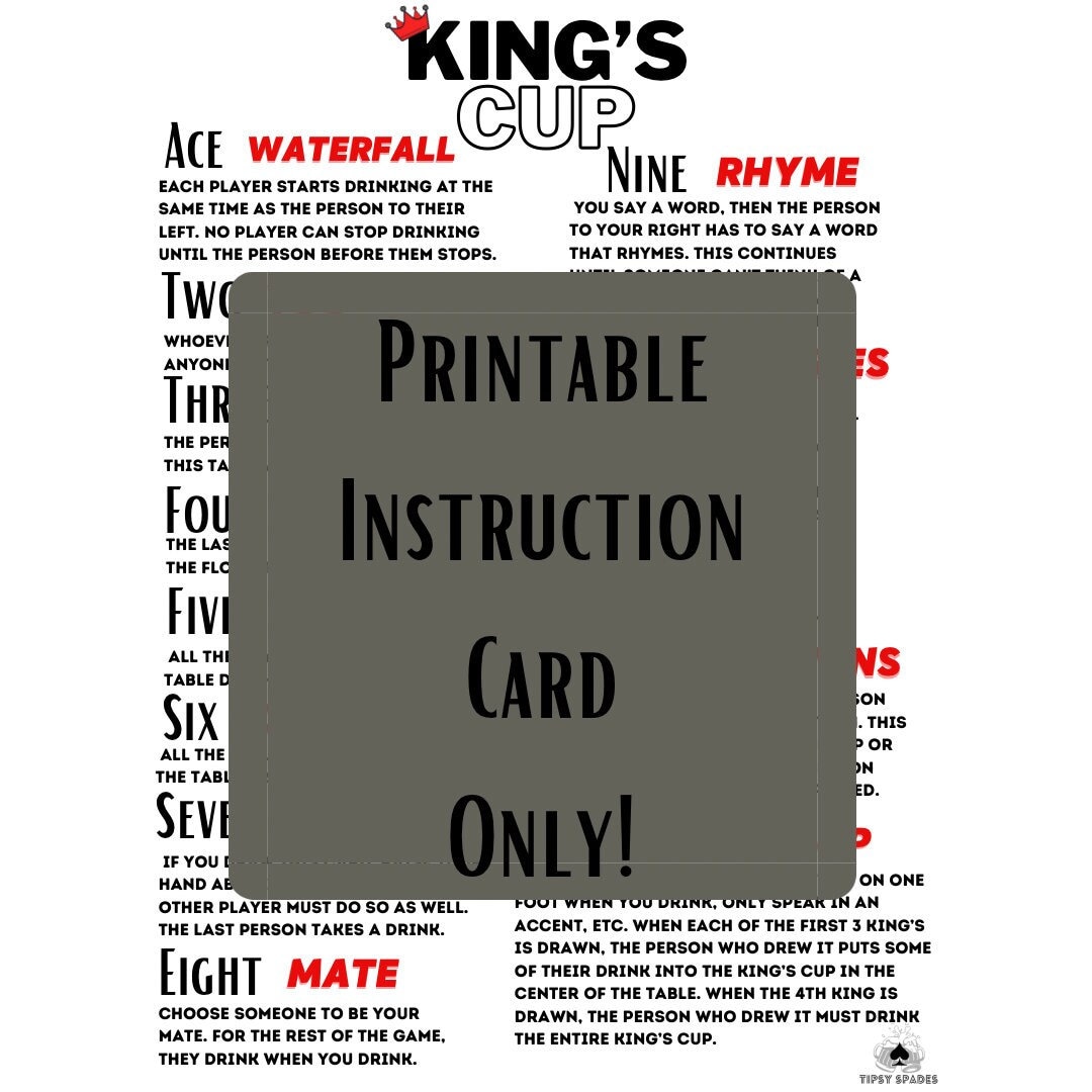 Drinking Games, Kings Cup Rules, Kings Cup Instructions, Printable, Printable Instructions