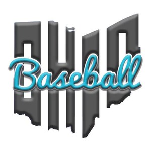 May include: A graphic design featuring the word "Ohio" in a stylized font, with the letters outlined in black and filled in with gray. The word "Baseball" is written in a cursive font in blue, with a shadow effect, and is positioned below the word "Ohio".