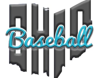 May include: A graphic design featuring the word "Ohio" in a stylized font, with the letters outlined in black and filled in with gray. The word "Baseball" is written in a cursive font in blue, with a shadow effect, and is positioned below the word "Ohio".