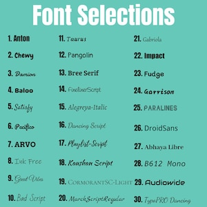 May include: A list of 30 different font names, numbered 1 through 30, with each font name displayed in the corresponding font style. The list is on a light blue background.