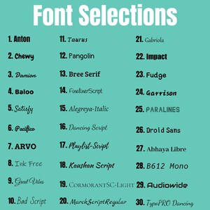 May include: A list of 30 different font names, numbered 1 through 30, with each font name displayed in the corresponding font style. The list is on a turquoise background.