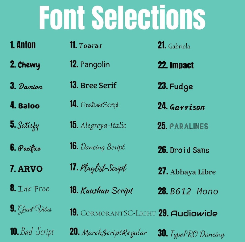 May include: A list of 30 different font names, numbered 1 through 30, with each font name displayed in the corresponding font style. The list is on a turquoise background.
