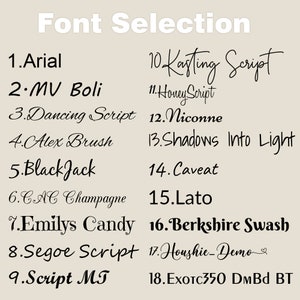 May include: A list of 18 different font names, numbered 1 through 18. The font names are written in the corresponding font style. The list is titled "Font Selection".