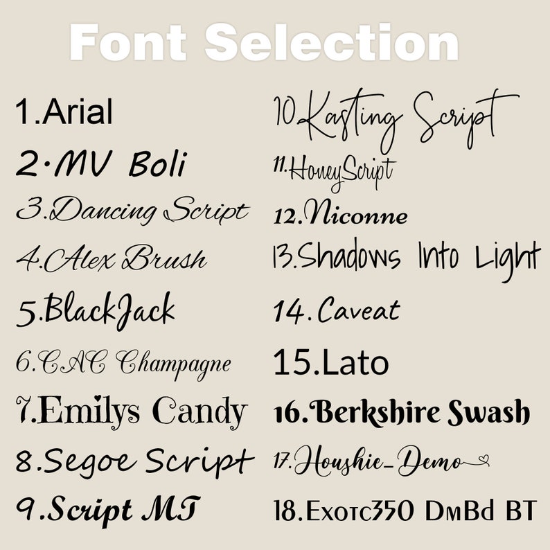 May include: A list of 18 different font names, numbered 1 through 18. The font names are written in the corresponding font style. The list is titled "Font Selection".