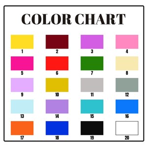 May include: Color chart with 20 different color swatches numbered 1 through 20. The colors include yellow, red, green, pink, orange, blue, purple, gray, white, and black.