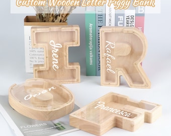 Custom Wooden Letter Piggy Bank, Personalized Money Box, Nursery Decor, Handmade Gift for Kids/ Adults Alike, Custom Name Initial Coin Bank