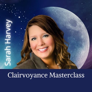 May include: A woman with long brown hair smiles at the camera. She is wearing a brown jacket and a necklace. The background is a blue and purple sky with a large, bright moon. The text "Sarah Harvey" is on the left side of the image and "Clairvoyance Masterclass" is at the bottom.