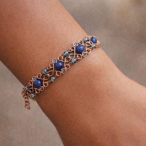 Wire wrapped copper cuff bracelet with Apatite and crystal. Each link hand made!