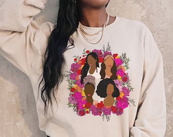 Suéter Crewneck del Mes de la Historia de la Mujer, Suéter personalizado floral oversize para mujeres de color, [EDICIÓN LIMITADA]