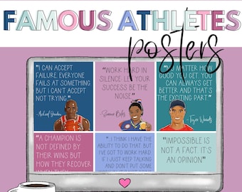 May include: A computer screen displaying four motivational posters featuring famous athletes. Each poster features a quote from the athlete, their name, and a cartoon illustration of them. The quotes are: "I can accept failure. Everyone fails at something, but I can't accept not trying." - Michael Jordan, "Work hard in silence. Let your success be the noise." - Simone Biles, "No matter how good you get, you can always get better and that's the exciting part." - Tiger Woods, "Impossible is not a fact. It's an opinion."