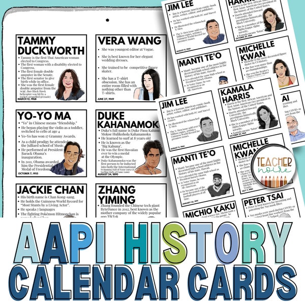 Pocket Chart Calendar Cards, Asian and Pacific Islander Heritage Month, AAPI heritage month, Bulletin Board, Influential AAPI's