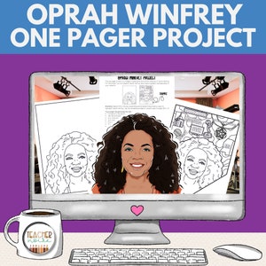 May include: A computer monitor displays a project titled "Oprah Winfrey One Pager Project." The screen shows a graphic of Oprah Winfrey and a coloring page. A coffee mug with the text "Teacher Mode" sits in front of the monitor.