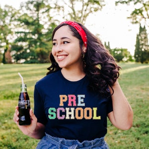 Pre-School Tshirt (Faux Letter Patches), Preschool Teacher Shirt, Pre-K Teacher Shirt, Back to school