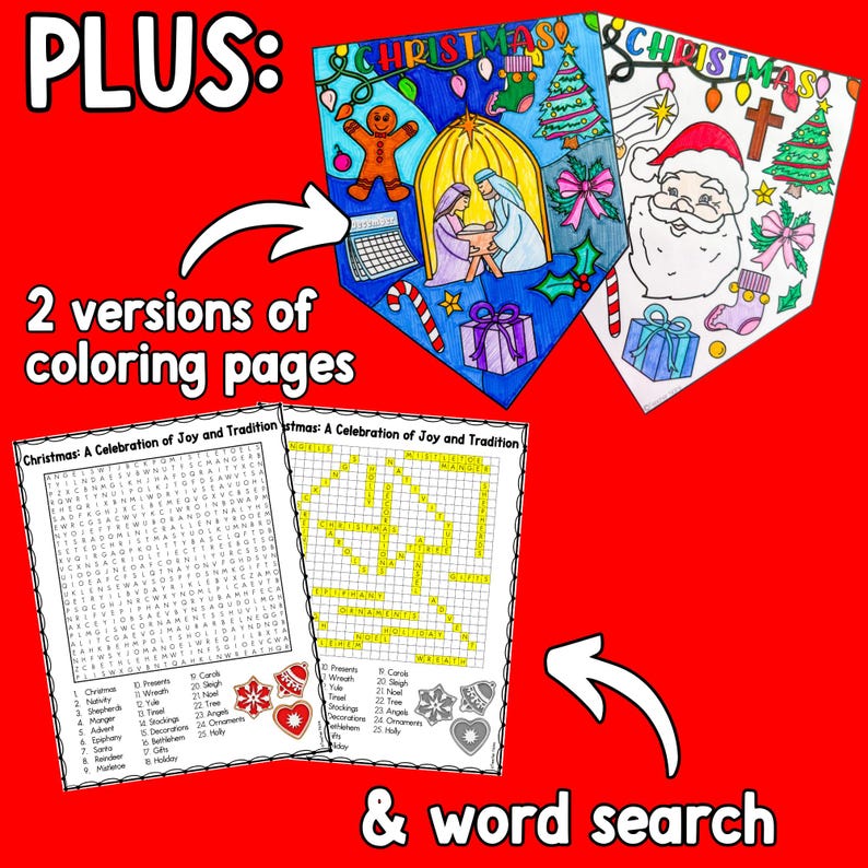 May include: Two printable coloring pages featuring Christmas themes. One page depicts a nativity scene with a gingerbread man, candy canes, and a gift box. The other page features Santa Claus, a Christmas tree, and a stocking. Both pages include a word search puzzle with a list of Christmas-related words.
