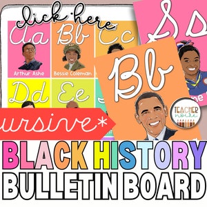 Tablón de anuncios del Mes de la Historia Negra, Cartel del alfabeto cursivo de la historia negra, decoración del aula de historia negra, afroamericanos influyentes