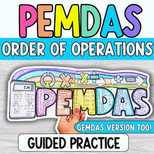 Puede incluir: Una colorida ilustración educativa con el texto «PEMDAS ORDER OF OPERATIONS». La imagen incluye un desglose del orden de las operaciones, con ejemplos y los textos «GEMDAS VERSION TOO!» y «GUIDED PRACTICE».